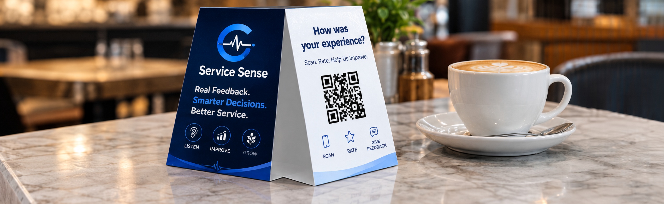 Service Sense QR feedback card on a café table